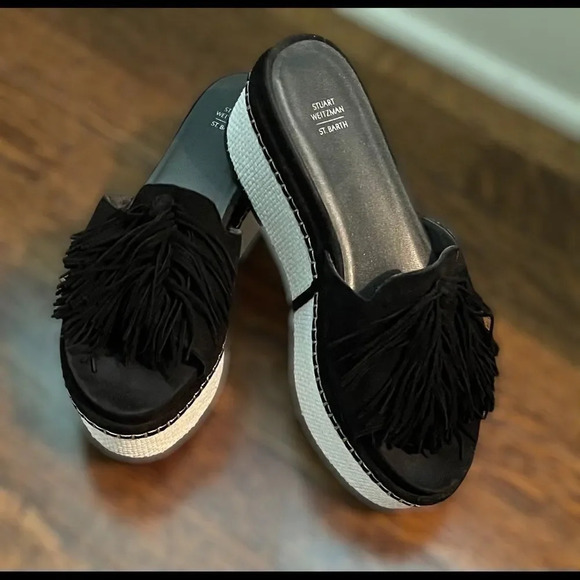 Stuart weitzman Women’s St Barths Blk Suede Tassel Wedge Sandal Size 8 - Picture 4 of 15